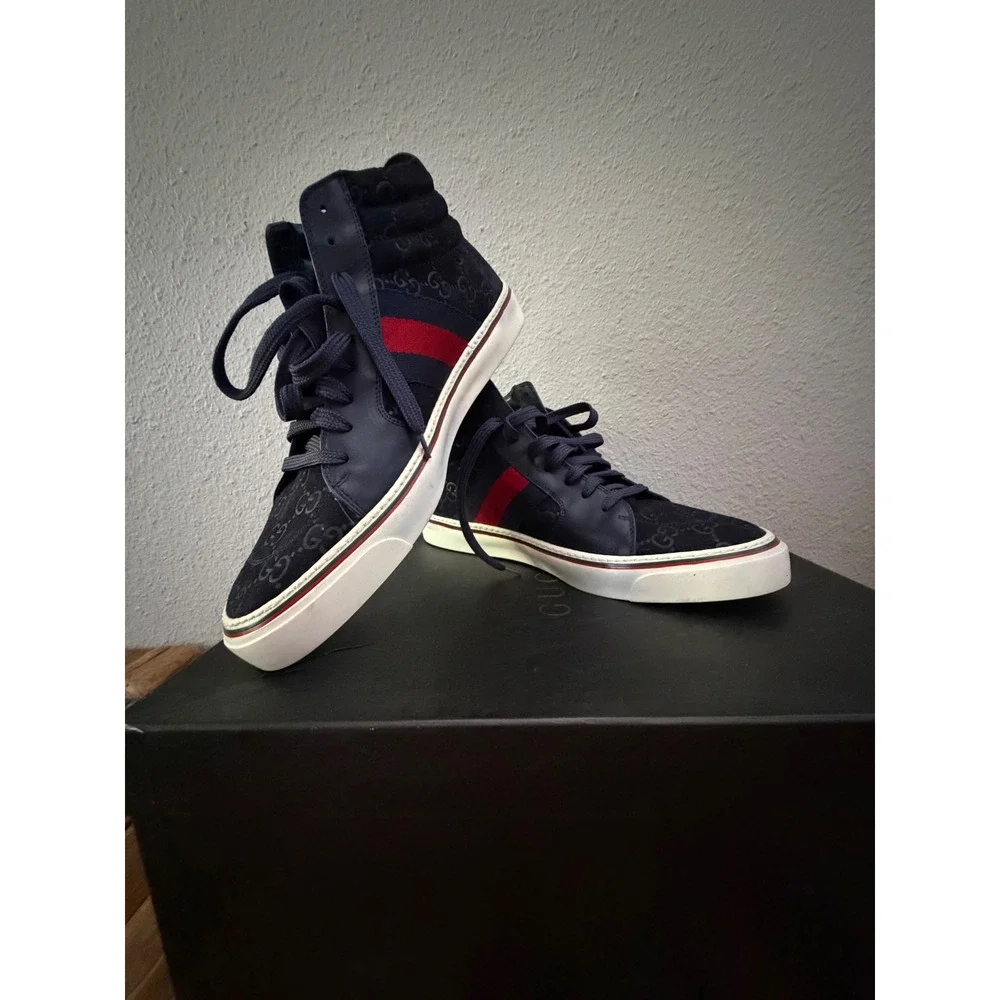 Gucci High Top Sneakers Size 8 Navy Blue GG Monogram Web Stripe 221825